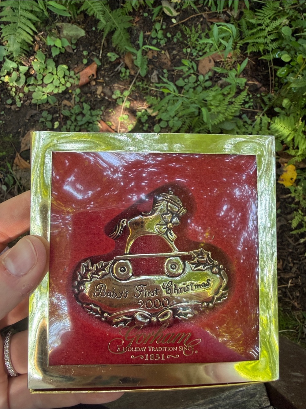 Gorham Gold Baby Rocker Ornament with Red Backing